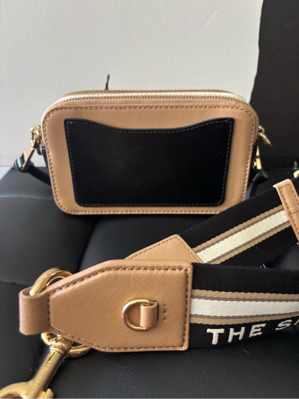 Marc Jacobs Tan & Black Snapshot Crossbody with Striped Strap - Picture 5 of 11